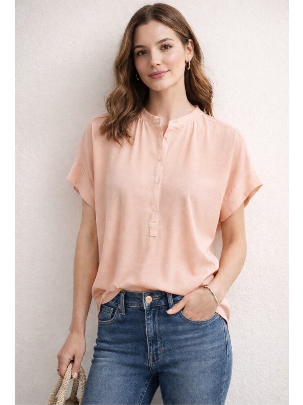 Point Sur J.Crew Pink Henley Blouse Viscose Short Sleeve Relaxed Top M